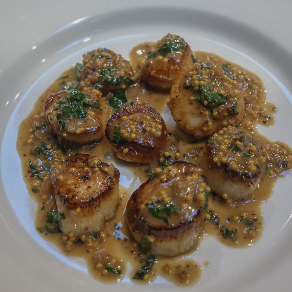 Seared Scallops with POP Mustard Sauce